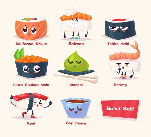 مجموعه سوشی سس سویا و رول سوشی غذای ژاپنی کارتون وکتور
