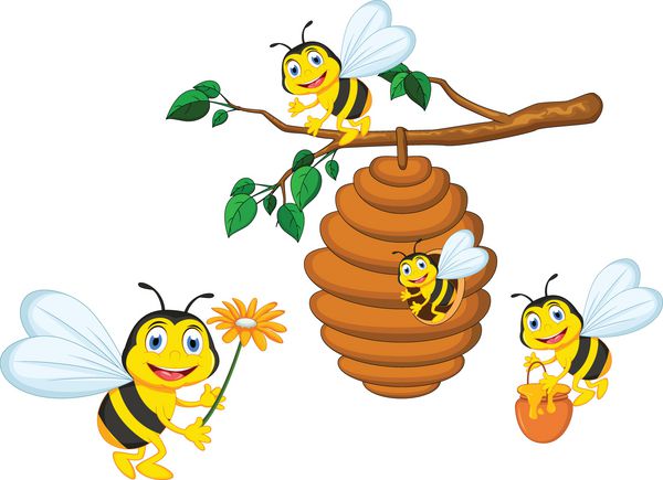 کارتون زنبورها که دارای گل و یک زنبور هستند