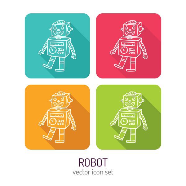 آیکون وکتور آیکون ربات اسباب بازی هنر خط در چهار تغییر رنگ با سایه های بلند تنظیم شده است
