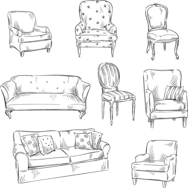 مجموعه ای از صندلی ها و مبل های کشیده شده با دست تصویر برداری