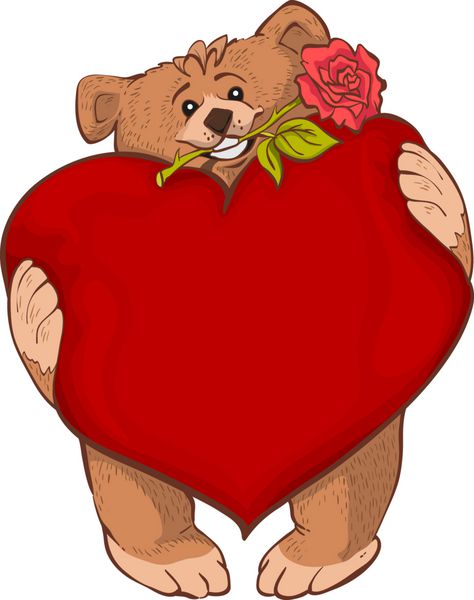 قلب نگهدارنده خرس قهوه ای و گل رز کارت تبریک روز ولنتاین
