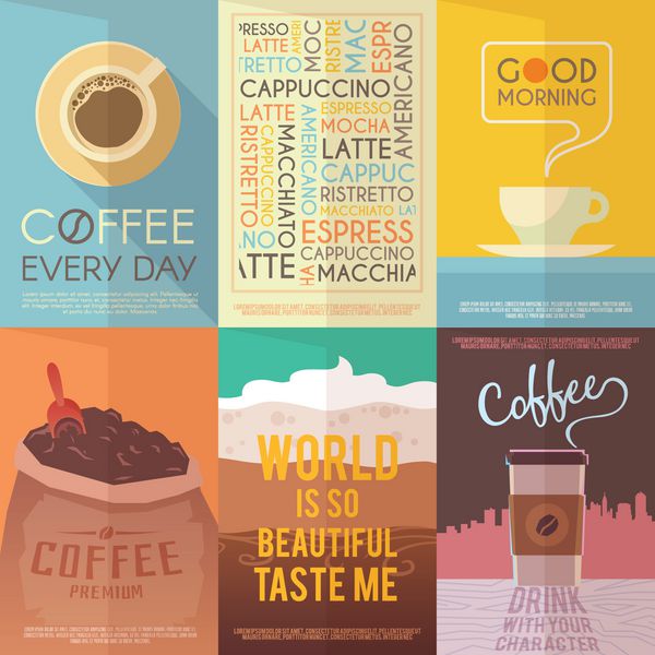 پوسترهای وکتور پرنعمت قهوه نوشیدنی