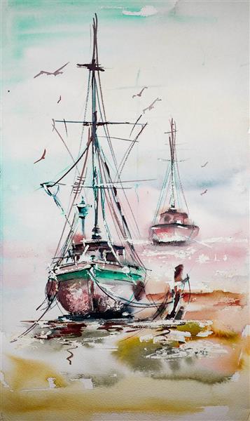 کشتی در کنار ساحل زیبا نقاشی آبرنگ