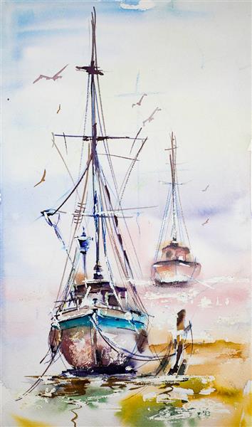 کشتی و ساحل زیبا نقاشی آبرنگ