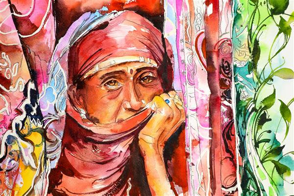 دنیای زن نقاشی چهره آبرنگ