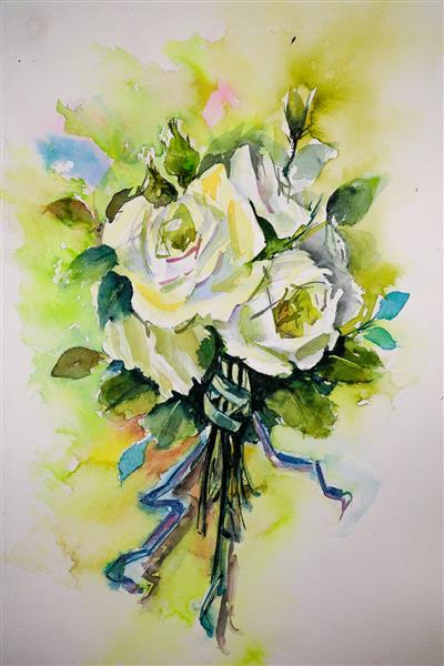 دسته گل عروس زیبا تابلو نقاشی آبرنگ