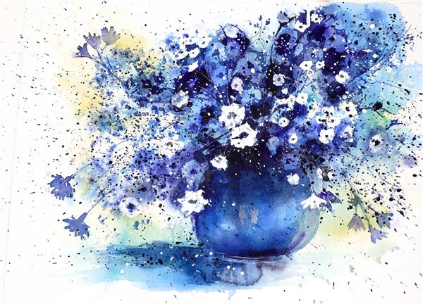 شکوفه های  سفید  و آبی نقاشی آبرنگ