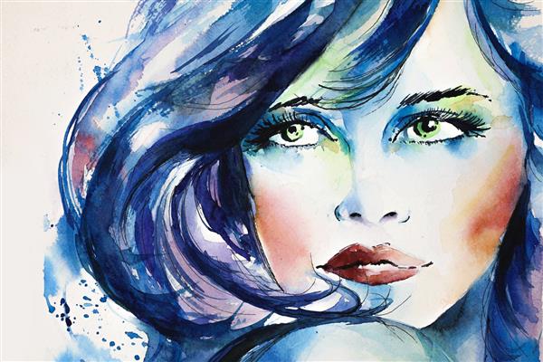 دختری زیبا باوقار غمگین چشمان آبی سبز موهای آبی بنفش نقاشی آبرنگ