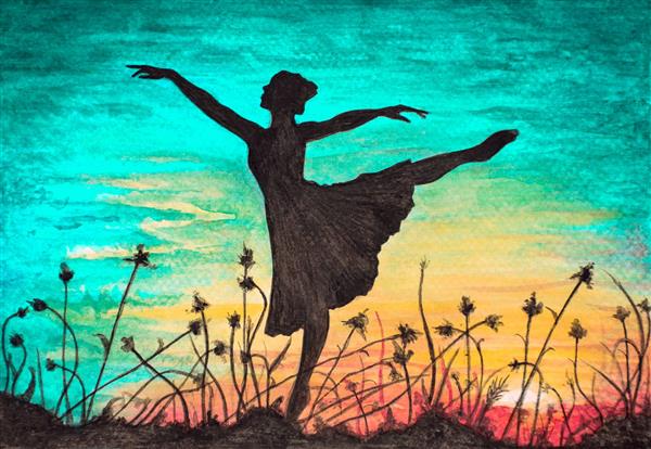 رقص باله دختری در طلوع آفتاب بالرین در صحرای گل