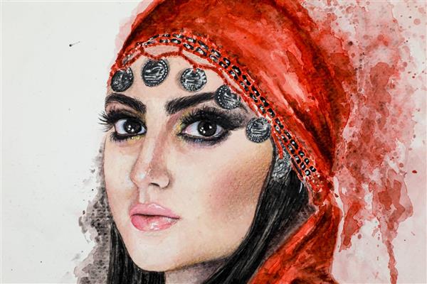 دختر ایرانی عشایری با لباس قرمز نقاشی آبرنگ