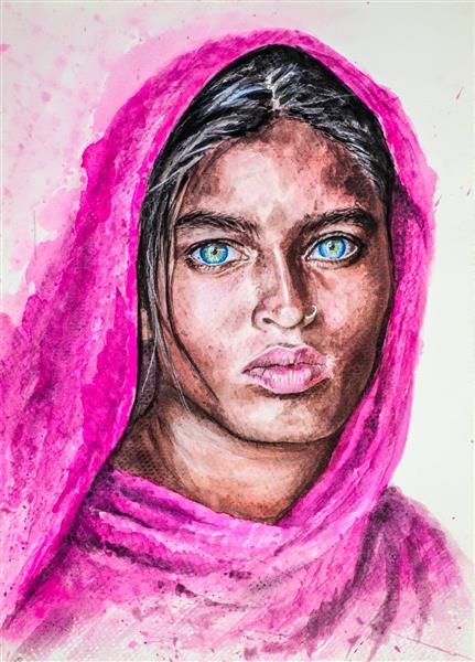 چهره دختری با چشم های آبی و شال ارغوانی نقاشی آبرنگ