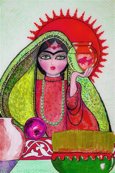 دختر ایرانی نقاشی مینیاتور با خورشید و سیب نوروز