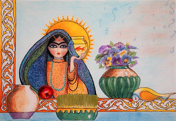 کارت پستال عید نوروز با سفره هفت سین و دختر ایرانی مینیاتور