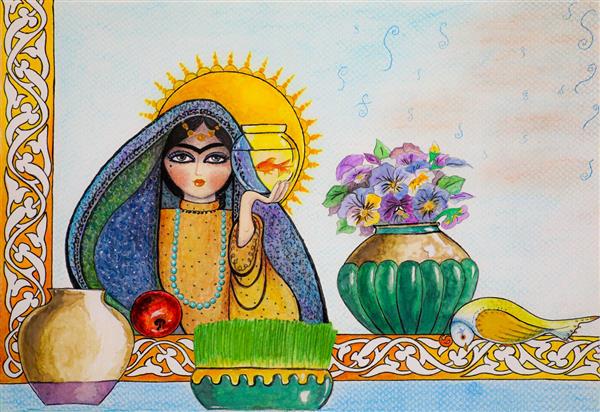 تصویر نقاشی آبرنگ از دختر ایرانی در کنار سفره هفت سین و جشن نوروز