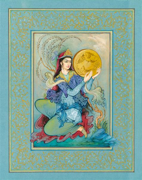 دایره نواز نقاشی بسیار زیبای مینیاتور ایرانی از زن ایرانی در حال دایره زنی اثر رحیم عظیمی