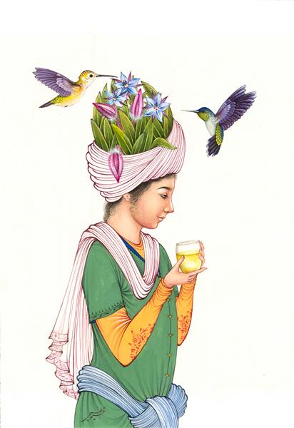 هر که دلارام دید از دلش آرام رفت نقاشی دختری زیبا با جام و پرندگان و گل به سبک مینیاتور اثر رحیم عظیمی