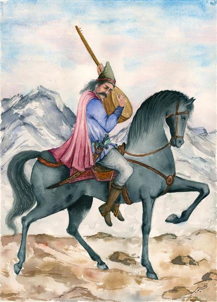 کور اوغلو نقاشی مردی نابینا سوار بر اسب و نواختن تار اثر رحیم عظیمی