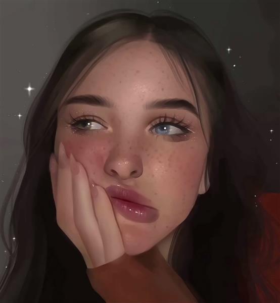 نقاشی دیجیتال دختر زیبا در حال تفکر