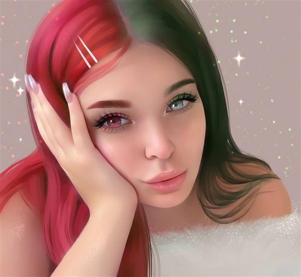 نقاشی دیجیتال دختر زیبا با چشمان دو رنگ
