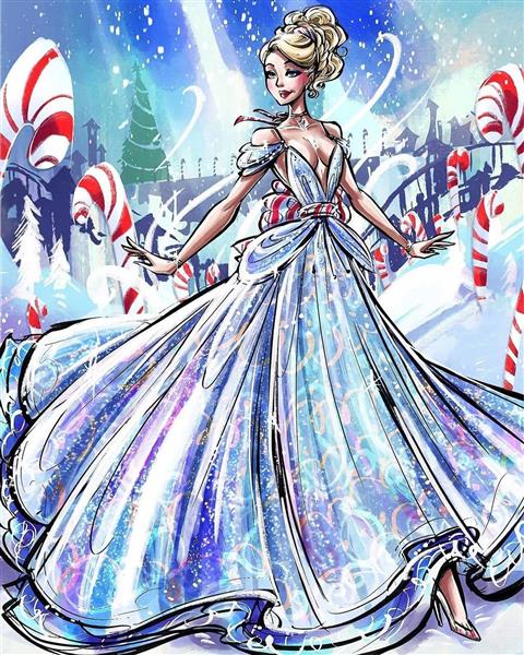 نقاشی دیجیتال سیندرلا با لباس زیبای آبی