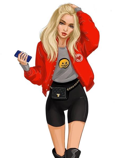 نقاشی دیجیتال دختر زیبا با ژاکت قرمز