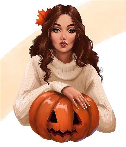 نقاشی دیجیتال دختر با کدو تنبل هالووین