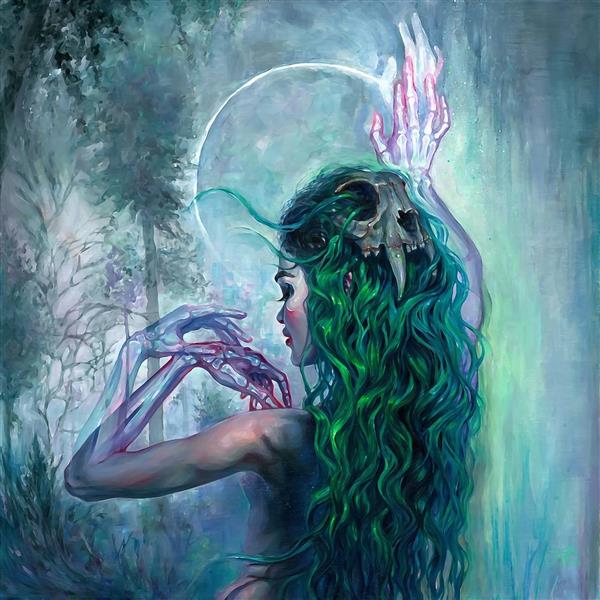 دختری با موهای بلند سبز تابلو هنری استخوان شیمن