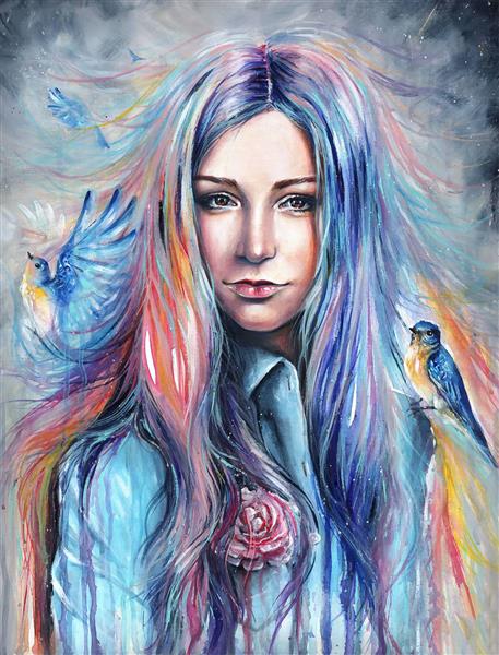 ادراک نقاشی زیبا از دختری با موهای آبی بلند و پرندگان