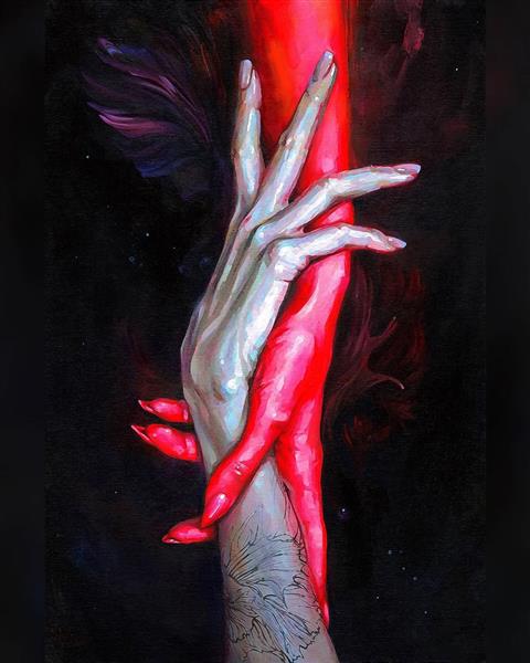 جذاب نقاشی مفهومی از دو دست که یکی قرمز است