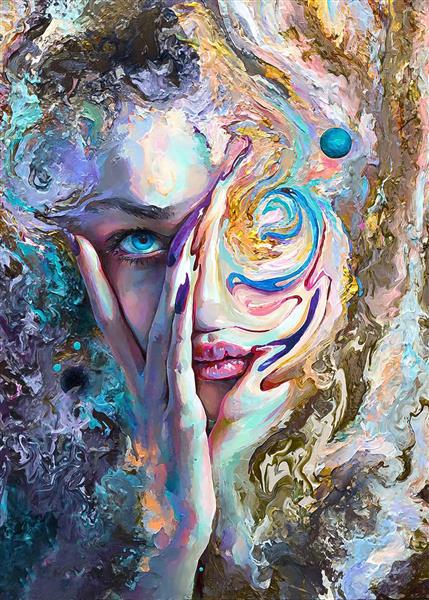 احساس چرخش نقاشی چهره دختری با رنگ هایی در گردش