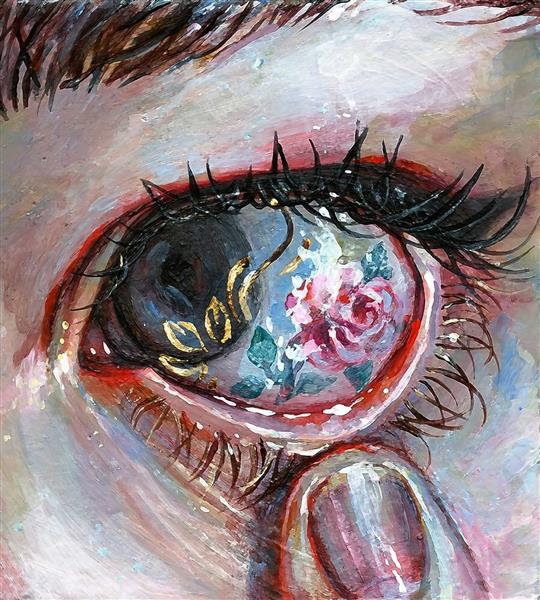 نقاشی چشم با طرح گل صورتی در آن