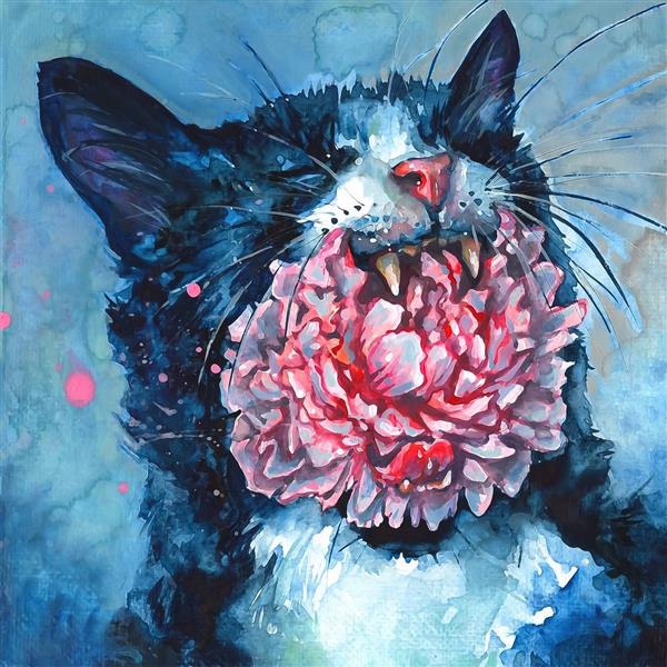 نقاشی گربه تانیا به همراه گل صورتی