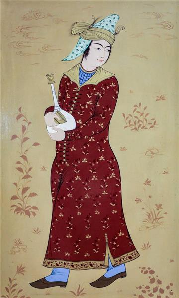 نقاشی مینیاتور زنی در ردای بلند