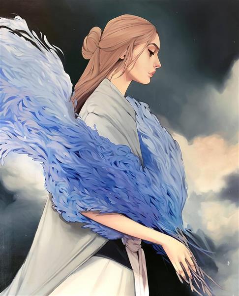نقاشی دیجیتال دختر زیبا با لباس آبی در بیشه زار