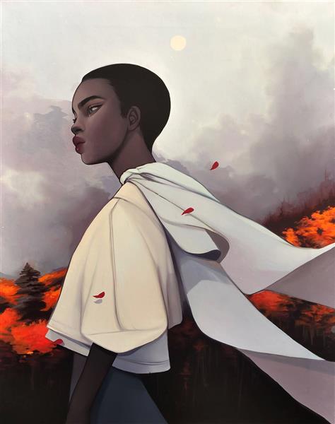 دختر سیاه پوست در گلزار نقاشی دیجیتال