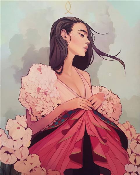 نقاشی دیجیتال دختر زیبا آسیایی در لباس قرمز