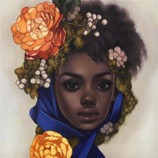 نقاشی دیجیتال دختر سیاه پوست گل نارنجی