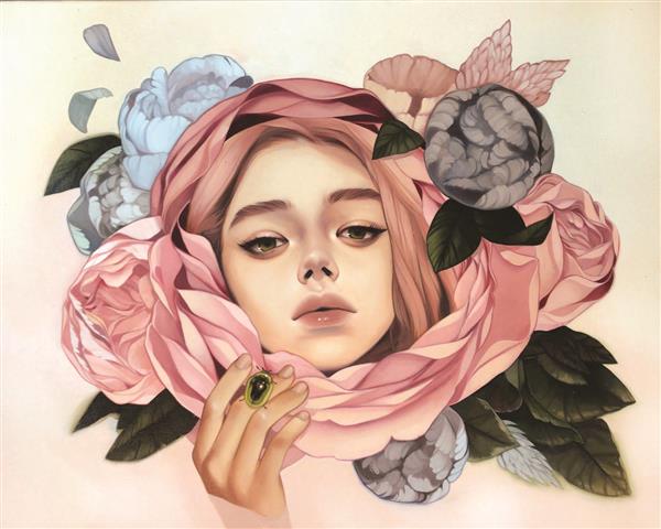 نقاشی دیجیتال پرتره دختر زیبا و گلها
