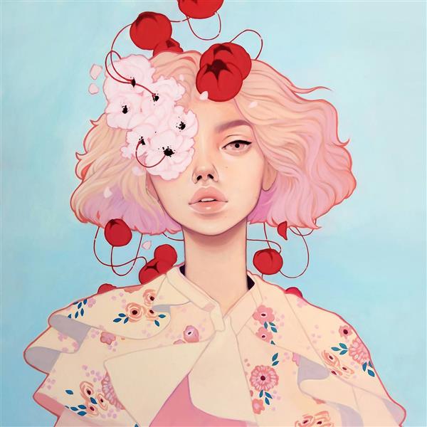 پوستر نقاشی دختر زیبا با مو های صورتی گلهای قرمز