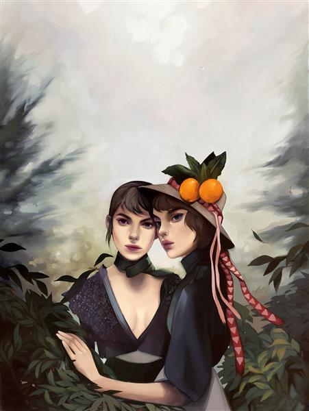 نقاشی دیجیتال دو دختر زیبا در جنگل پوستر دیواری
