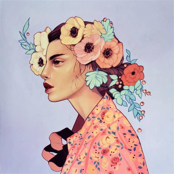 پوستر نقاشی دیجیتال دختر زیبا گل قرمز آبی زرد سفید