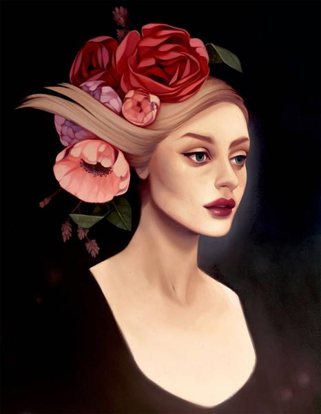دختر زیبا با گل قرمز نقاشی دیجیتال
