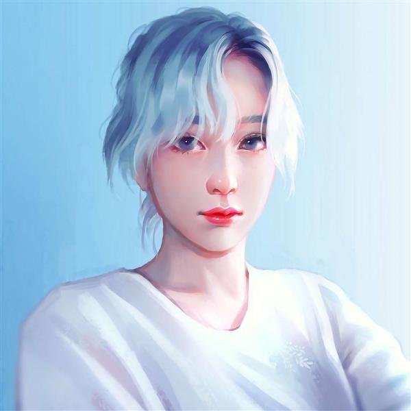 دختر خجالتی با مو های آبی نقاشی دیجیتال