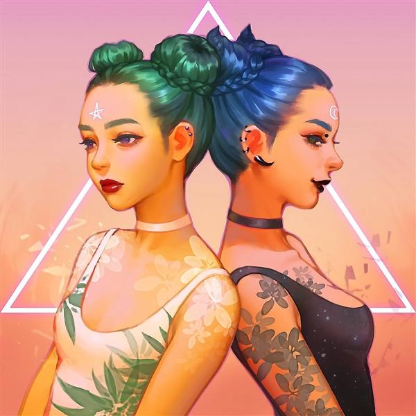 پوستر نقاشی دو دختر زیبا کنار هم با موهای آبی و سبز