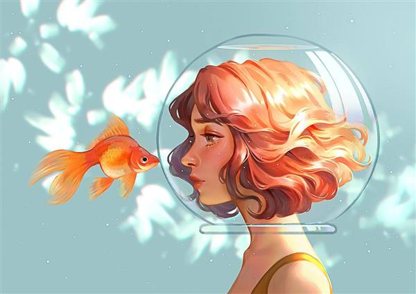 پوستر نقاشی دیجیتال دختر زیبا در تنگ و ماهی