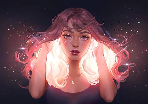نقاشی دیجیتال دختر زیبا با مو های نورانی