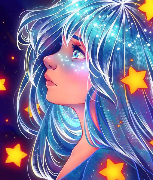 پوستر نقاشی دیجیتال دختر زیبا موهای آبی براق