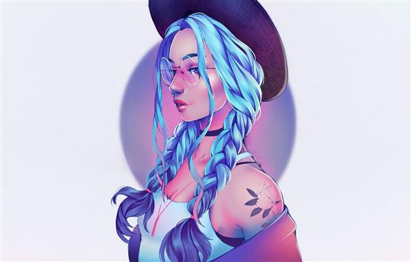 دختر گاوچران موهای آبی نقاشی دیجیتال