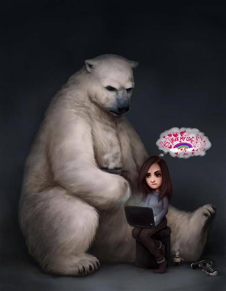 پوستر دختربچه و خرس بزرگ لپ تاپ نقاشی دیجیتال