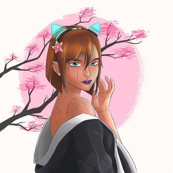 دختر زیبا درخت شکوفه بهار نقاشی دیجیتال